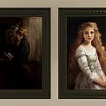 Traditional Oil Paintings In Golden Frames Showing Woman Reading And Long Haired Lady