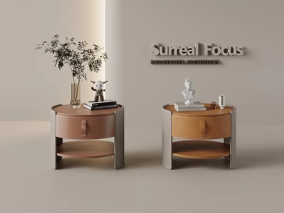 Modern Bedside Tables with Wooden Tops Metal Frames Plants Books and Sculptures 3d model