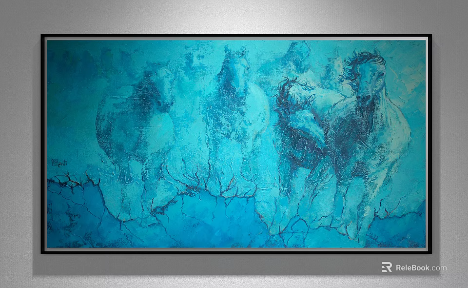 Large Modern Blue Toned Animal Painting With Running Horses And Abstract Art Background 3d model 