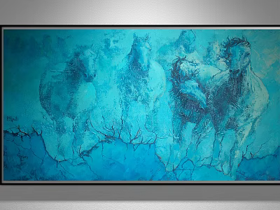 Large Modern Blue Toned Animal Painting With Running Horses And Abstract Art Background 3d model