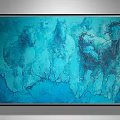 Large Modern Blue Toned Animal Painting With Running Horses And Abstract Art Background