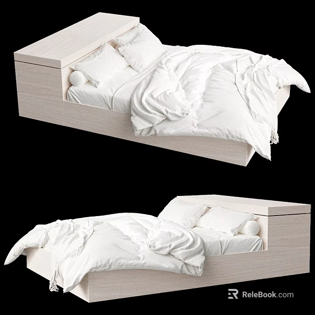 Modern Double Bed with Light Wood Frame and White Bedding Design 3d model