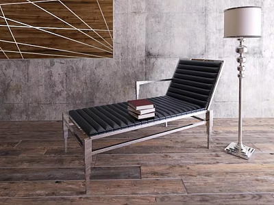 Black Cushioned Lounge Chair With Metal Frame Gray Wall And Floor Lamp On Wooden Floor 3d model