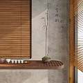 Bonsai Potted Plant on Wooden Shelf with Teapot Teacups Bamboo Blinds Concrete Wall Calligraphy