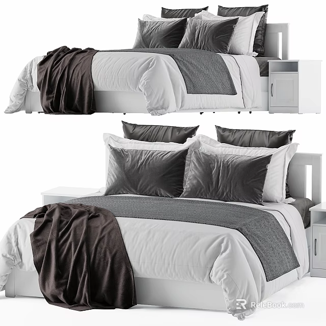 Modern Double Bed With White Gray Bedding Dark Blanket And Nightstand 3d model 