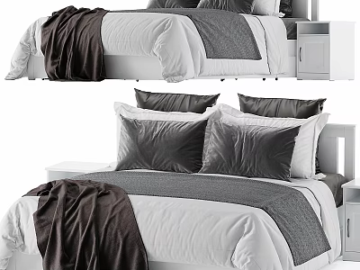 Modern Double Bed With White Gray Bedding Dark Blanket And Nightstand 3d model