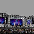Colorful Concert Stage with Large LED Screen and Audience Waving Light Sticks