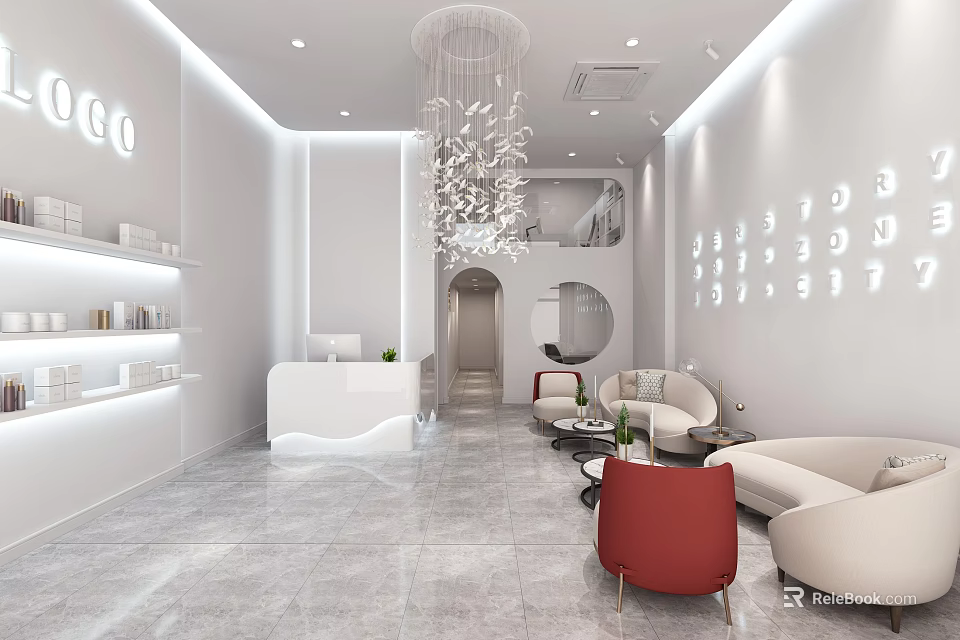 Modern Beauty Salon Interior With White Reception Counter Red Chairs And Chandelier 3d model 
