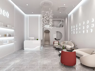Modern Beauty Salon Interior With White Reception Counter Red Chairs And Chandelier 3d model
