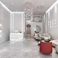 Modern Beauty Salon Interior With White Reception Counter Red Chairs And Chandelier