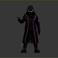 Futuristic Cyberpunk Character Outfit With Black Hooded Coat Orange Lines And Glowing Goggles