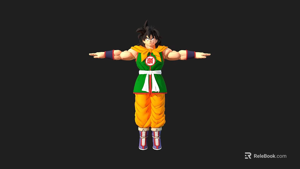 Anime Game Character 3D Model With Black Hair Green Yellow Outfit Arms Outstretched 3d model 