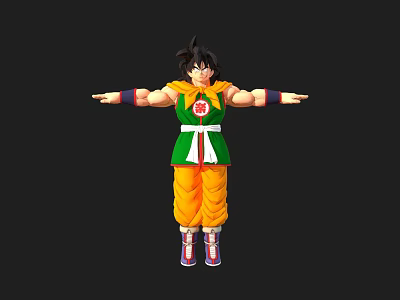Anime Game Character 3D Model With Black Hair Green Yellow Outfit Arms Outstretched 3d model