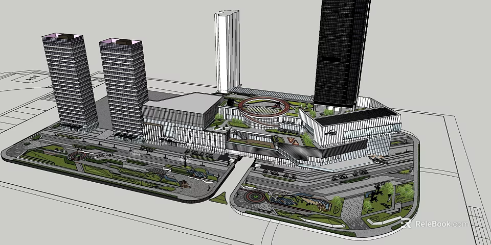 Modern Commercial Street With Tall Buildings Green Spaces And Urban Roads 3d model 