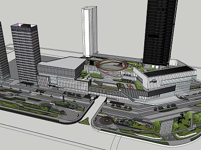 Modern Commercial Street With Tall Buildings Green Spaces And Urban Roads 3d model