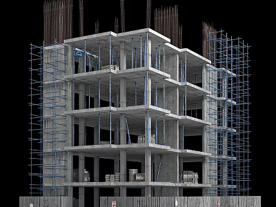 Multi Story Building Under Construction With Scaffolding And Concrete Framework 3d model