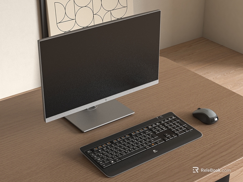 Modern Computer Setup With Monitor Keyboard And Mouse On Wooden Desk 3d model 