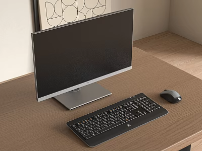 Modern Computer Setup With Monitor Keyboard And Mouse On Wooden Desk 3d model