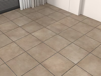 Beige Square Floor Tiles Laid On Indoor Room Floor With White Walls And Curtains 3d model