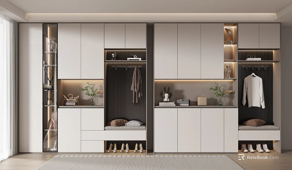 Modern Elegant White Open Style Shoe Cabinet With Clothes Hanging Area And LED Lighting 3d model 