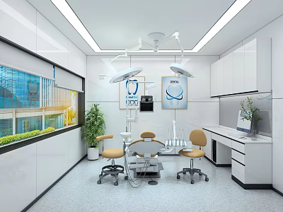 Modern Dental Clinic Interior With Treatment Chair Lights And White Cabinets 3d model
