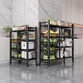 Black Metal Multi Tier Rolling Kitchen Storage Racks With Fruits Vegetables And Appliances