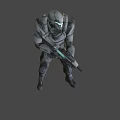 Futuristic Sci Fi Weapon With Blue Glowing Parts Held by Silver Black Armored Warrior