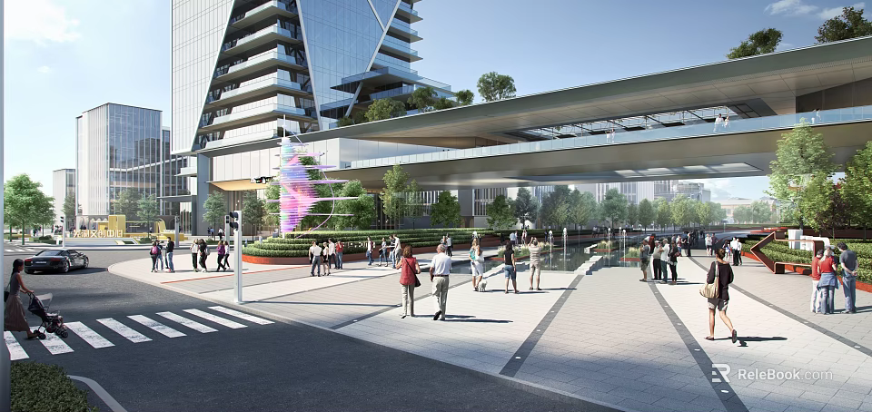 Modern Office Building With Glass Curtain Wall Skybridge Pedestrian Area And Greenery 3d model 