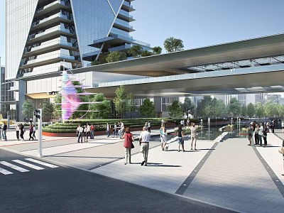 Modern Office Building With Glass Curtain Wall Skybridge Pedestrian Area And Greenery 3d model