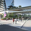 Modern Office Building With Glass Curtain Wall Skybridge Pedestrian Area And Greenery