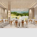 Luxurious Banquet Hall Interior With Crystal Chandeliers And Dining Table Chair Arrangements
