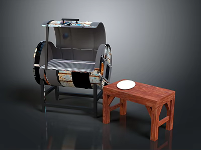 Outdoor Barbecue Grill With Metal Frame And Wooden Table Topped With White Plate 3d model