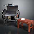 Outdoor Barbecue Grill With Metal Frame And Wooden Table Topped With White Plate