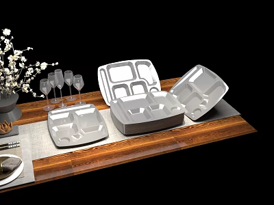 White Compartment Tableware Set With Multiple Trays And Wine Glasses On Wooden Tabletop 3d model