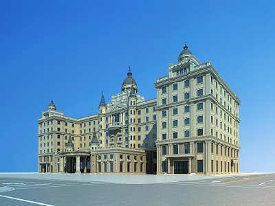 Classical European Hotel Building With Light Beige Exterior Spacious Plaza Against Clear Blue Sky 3d model