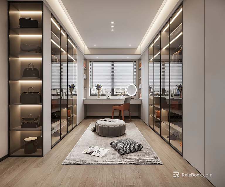 Modern Walk in Closet with Glass Door Cabinets Elegant Lighting Dressing Table and Soft Rug 3d model 