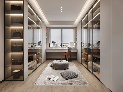 Modern Walk in Closet with Glass Door Cabinets Elegant Lighting Dressing Table and Soft Rug 3d model