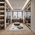 Modern Walk in Closet with Glass Door Cabinets Elegant Lighting Dressing Table and Soft Rug