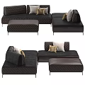Modern Dark Colored Sectional Sofa Set With Wicker Texture White Beige Cushions And Ottoman 3d model