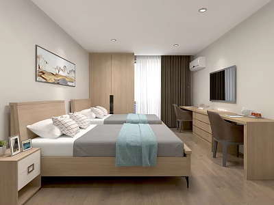 Modern Hotel Guest Room Interior With Double Bed Bedside Tables Desk Chair TV And Wall Painting 3d model