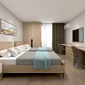 Modern Hotel Guest Room Interior With Double Bed Bedside Tables Desk Chair TV And Wall Painting