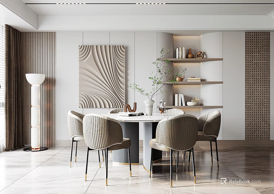 Modern Restaurant Dining Area With Round Table Upholstered Chairs And Decorative Wall Art 3d model 