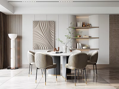 Modern Restaurant Dining Area With Round Table Upholstered Chairs And Decorative Wall Art 3d model