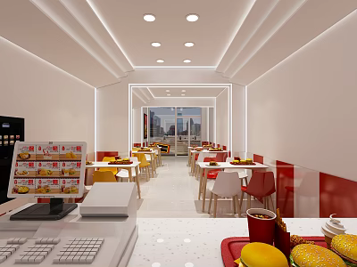 Modern Restaurant Interior With Red White Decor Cashier Counter Tables Chairs And Hamburger 3d model