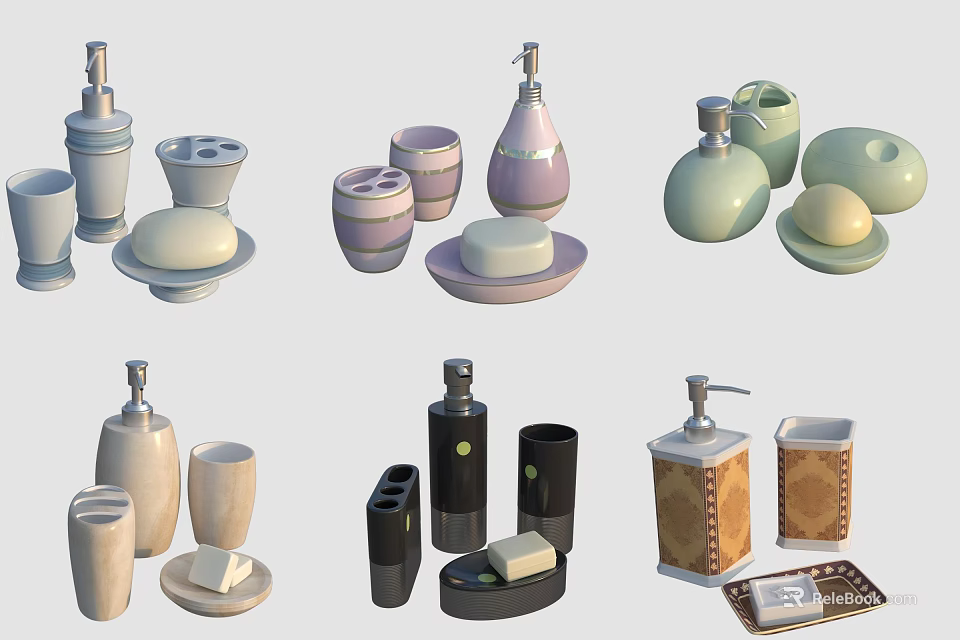 Stylish Daily Washing Necessities Essential Bathroom Accessories With Soap Dispensers Dishes Cups 3d model 