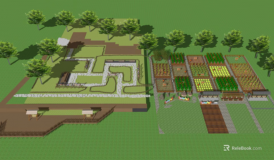 Tranquil Garden Landscape with Winding Paths Lush Trees and Organized Vegetable Beds 3d model 