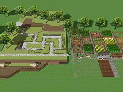 Tranquil Garden Landscape with Winding Paths Lush Trees and Organized Vegetable Beds 3d model