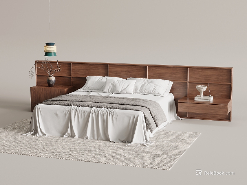 Modern Double Bed With Wooden Headboard Nightstands And White Bedding On Light Rug 3d model 