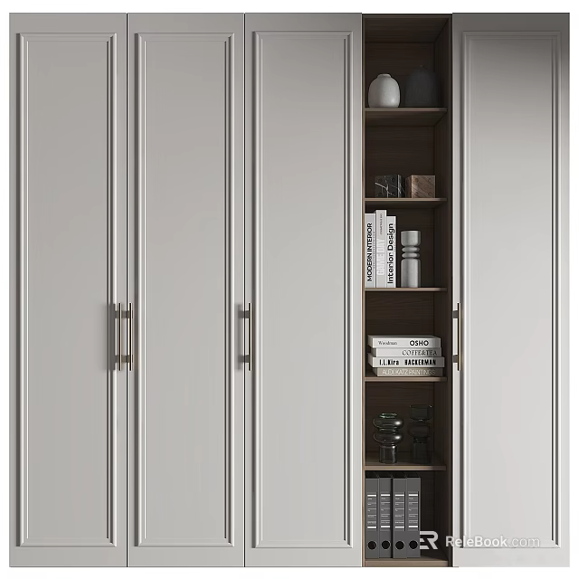 Modern Light Gray Bookcase With Closed Doors And Open Storage Shelves For Books And Decorations 3d model 