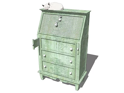 Vintage Green Storage Cabinet With Drawers And Cat On Top Design 3d model